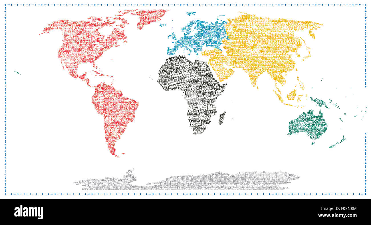 Weltkarte mit Kontinent namens in Schreibmaschinenschrift auf weißem Hintergrund gemacht Stockfoto