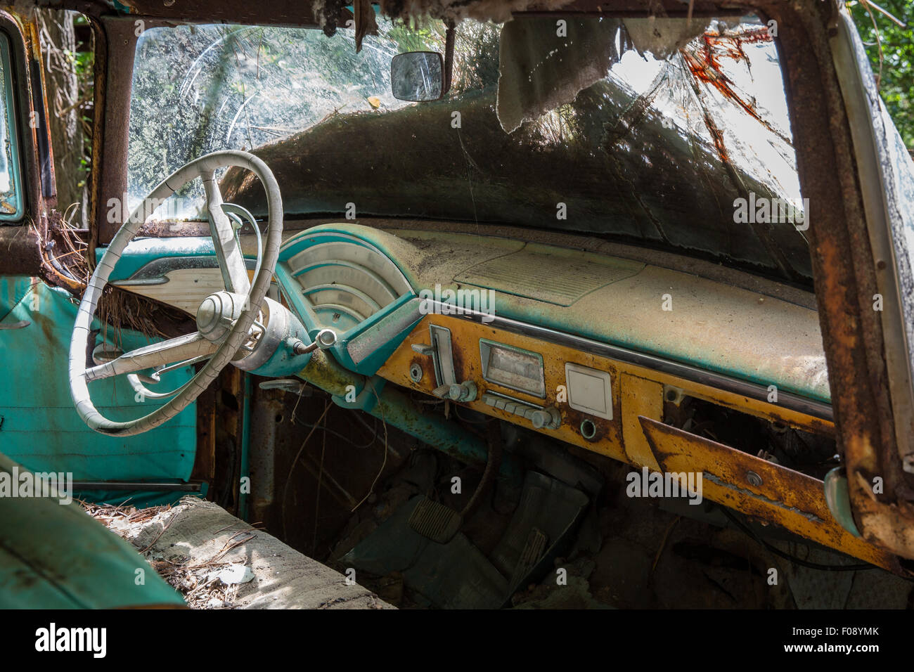 Armaturenbrett des mid-50-Pickup-Truck, gefunden in Georgia/USA aufgegeben. Stockfoto