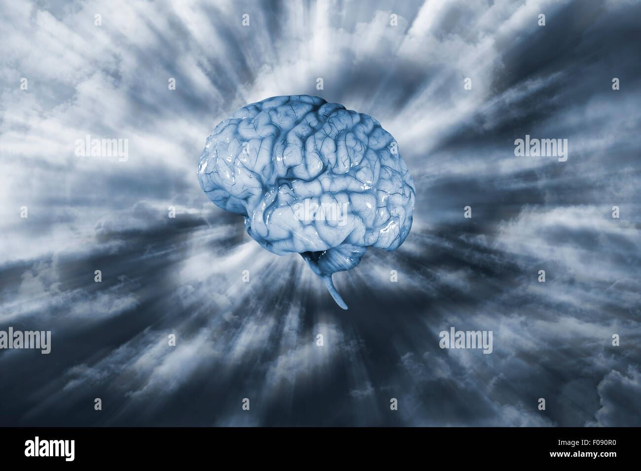 künstliche Intelligenz, menschliche Gehirn und Exploading Universum Stockfoto