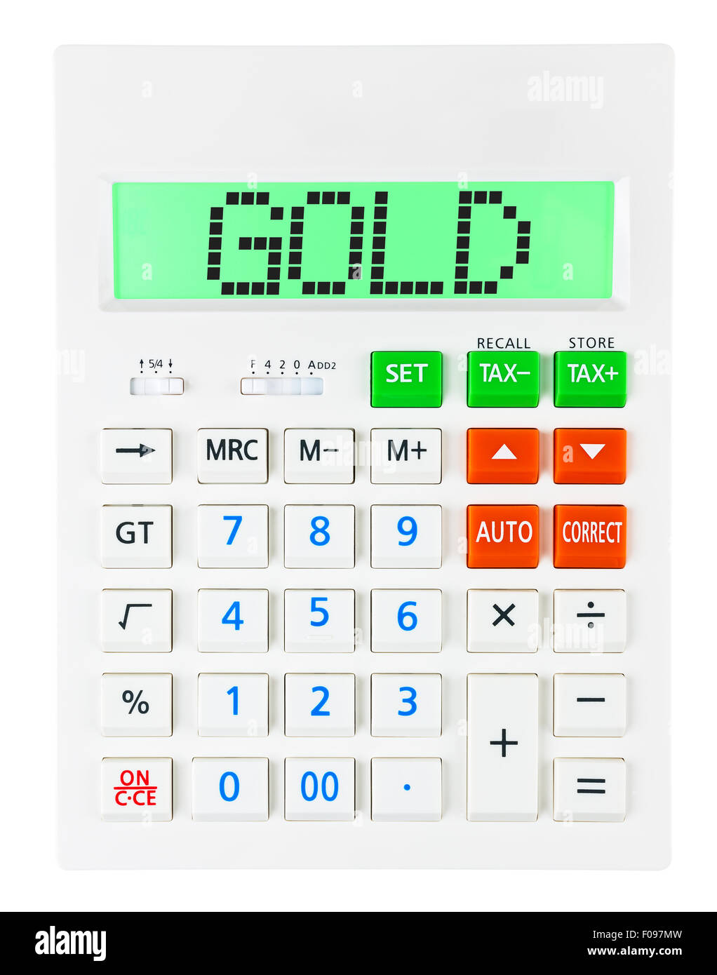 Taschenrechner mit GOLD auf dem Display isoliert auf weißem Hintergrund Stockfoto