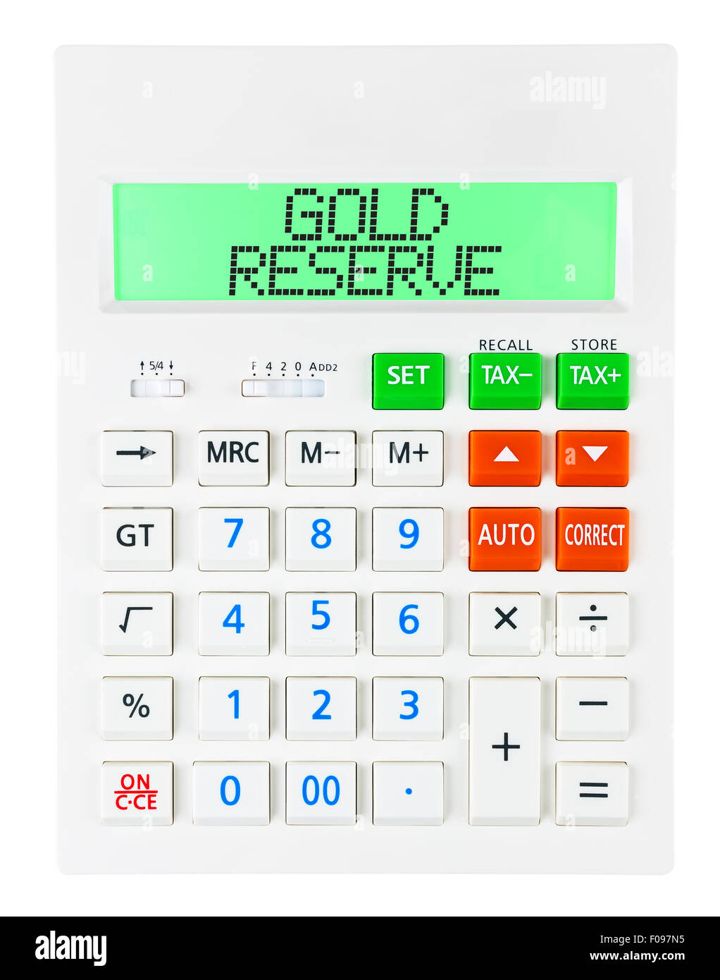 Taschenrechner mit GOLDRESERVE auf display isolierten auf weißen Hintergrund Stockfoto