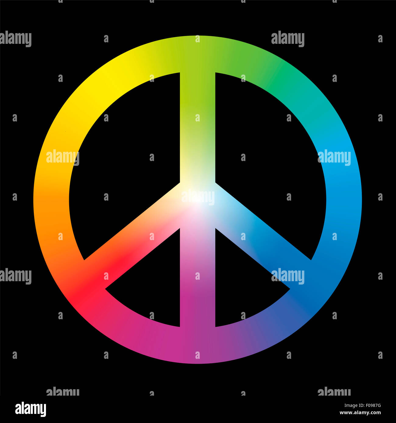 Peace-Zeichen mit kreisförmigen Regenbogen Verlaufsfarben auf schwarzem Hintergrund. Stockfoto