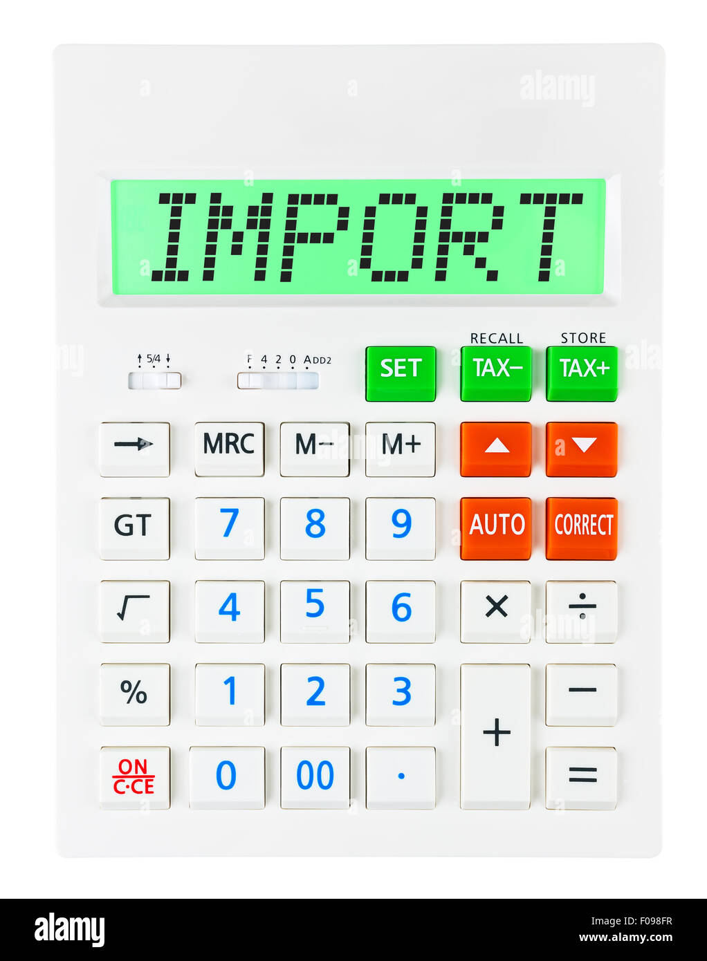 Taschenrechner mit Import auf display isolierten auf weißen Hintergrund Stockfoto