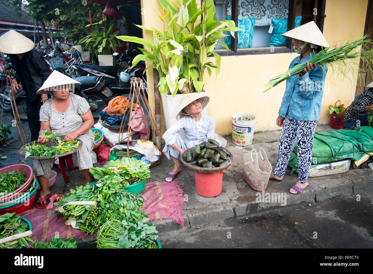 Hoi an, Vietnam. Frauen in traditionellen Hüte verkaufen Gemüse auf der Straße Stockfoto
