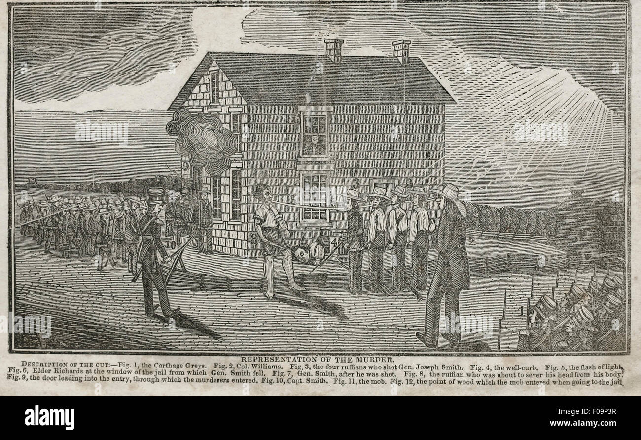 Das Diagramm zeigt verschiedene Szenen an der Ermordung von Joseph Smith im Gefängnis von Carthage, Illinois, 27. Juni 1844 Stockfoto