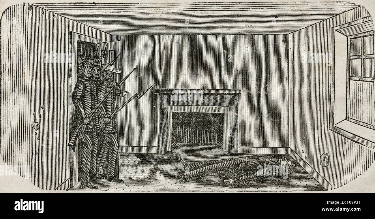 Blick ins Innere des Gefängnisses, nachdem Elder Richards Elder Taylor aus dem Zimmer - die Zimmer genommen hatte, in denen sie angegriffen wurden.  Die Tür ist mit Grobiane gefüllt.  Die Figur auf dem Boden stellt Hyrum Smith, als er auf die Etage Blutung lag.  Die Flecken an den Wänden sind einige der die Einschusslöcher; die Wände sind mit Blei gefüllt. Karthago Illinois Gefängnis, 1844 Stockfoto