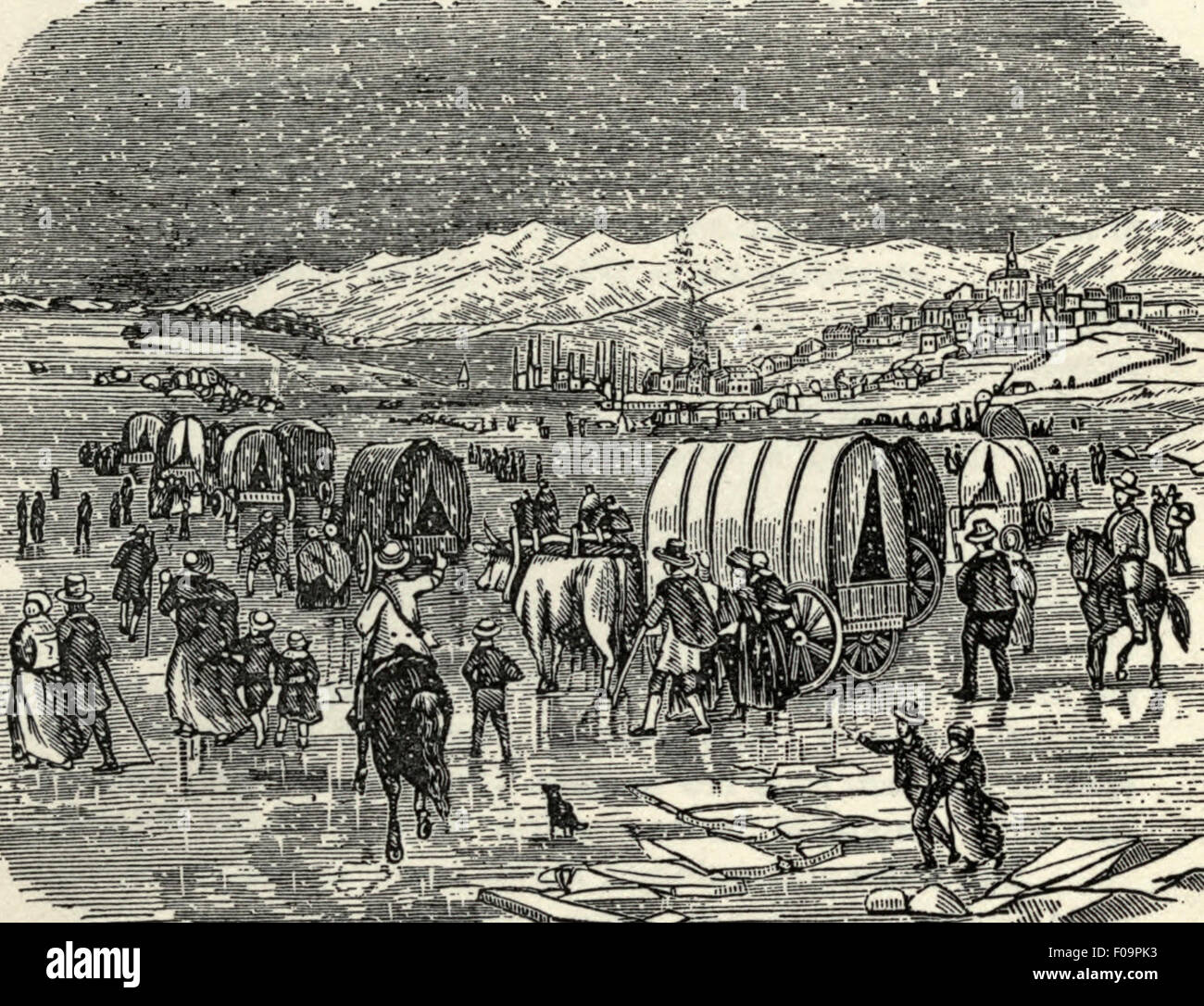 Mormonen verlassen Nauvoo, Illinois auf ihrem Weg nach Westen, 1846 Stockfoto