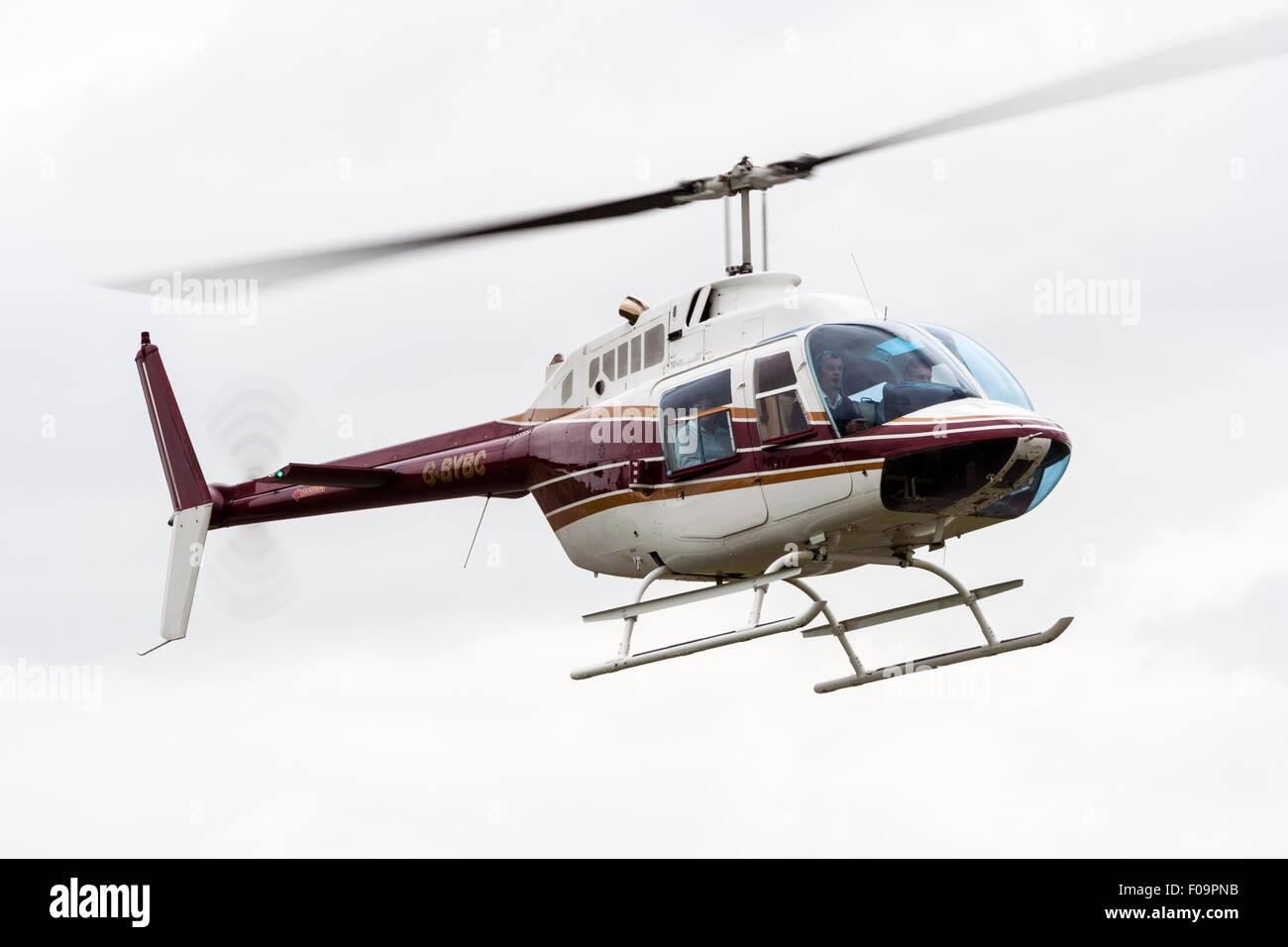 Bell 206 Jetranger Helikopter im Flug, kommend in Richtung Betrachter. Füllt Rahmen. Stockfoto