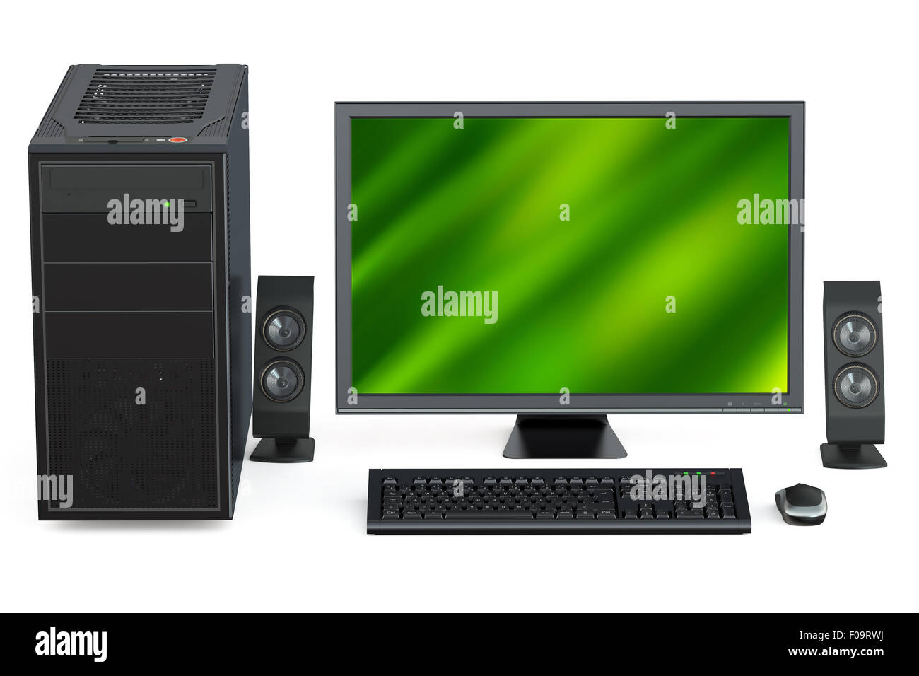 Personal-Computer mit Lautsprechern isoliert auf weißem Hintergrund Stockfoto