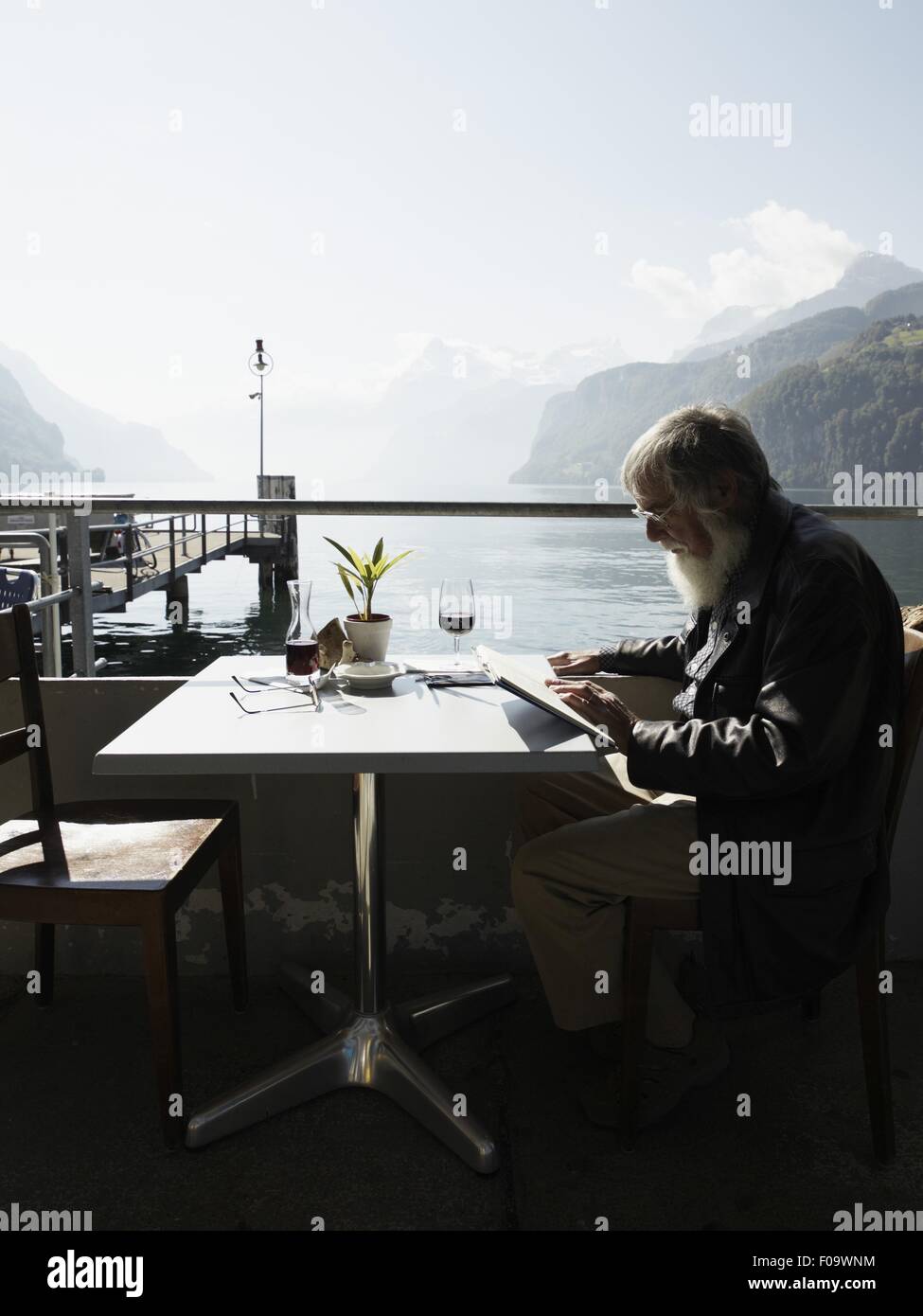 Mann der Lektüre des Buches mit den Vierwaldstättersee und die Alpen Berg mit Blick auf, der Schweiz, Luzern Stockfoto