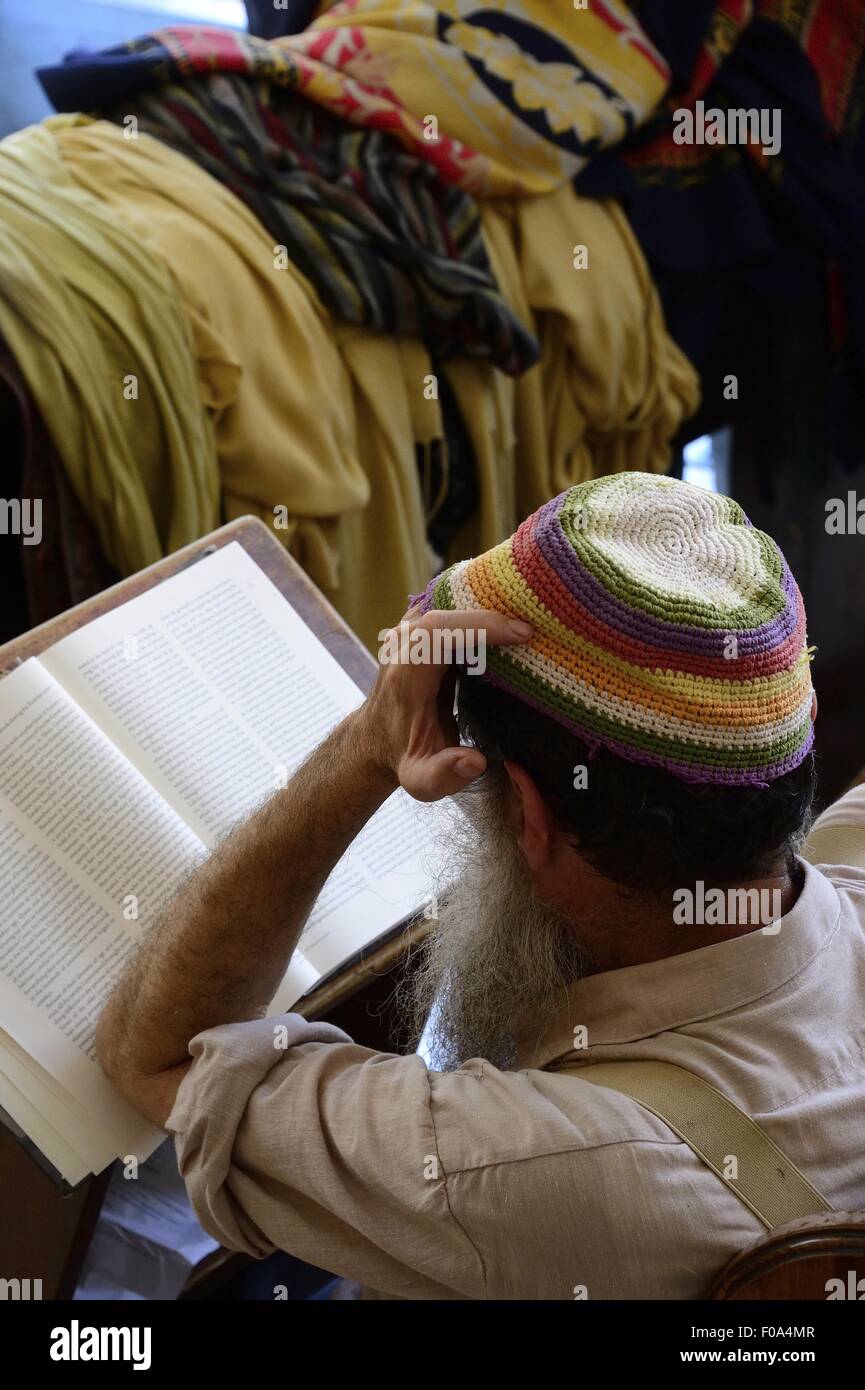 Rückansicht des Mannes lesen Torah mit Hände am Kopf, Ari aschkenasische Synagoge, Safed, Israel Stockfoto