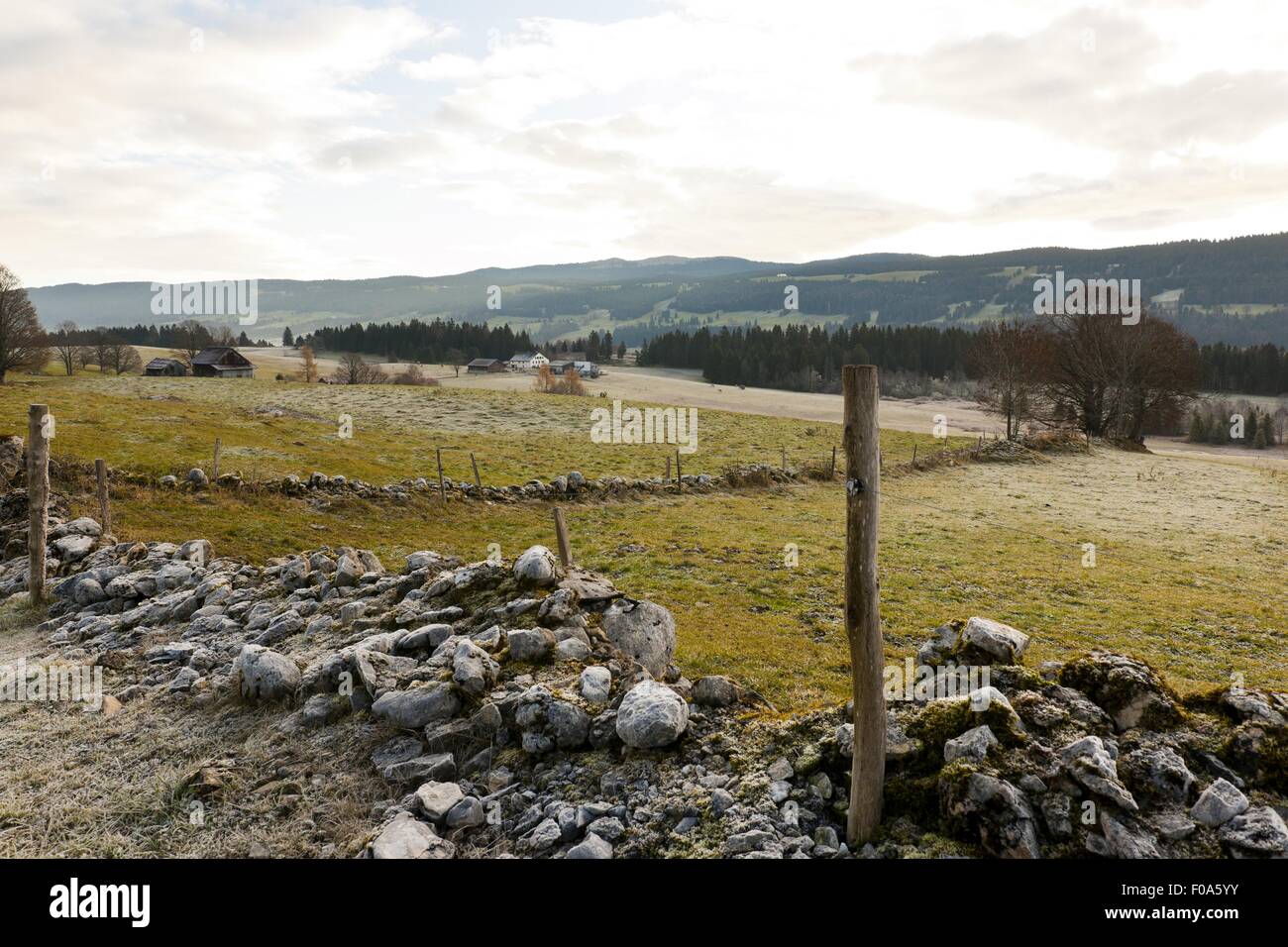 Blick auf Le Sentier im Vallée de Joux, Genfer See, Schweiz Stockfoto