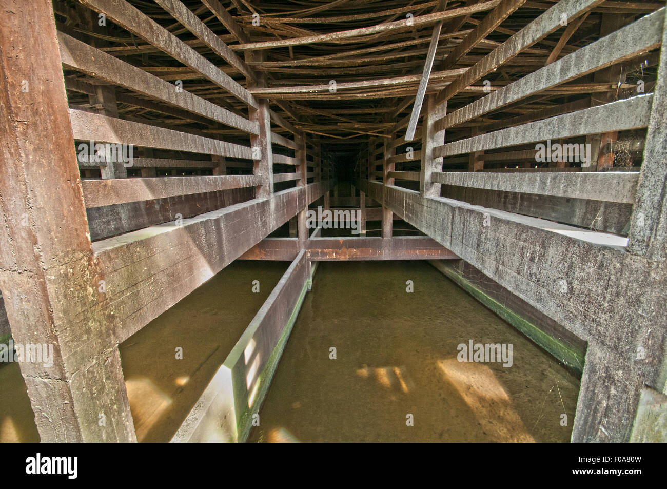Unteren Rand der futuristisch aussehende IM Kühlturm neben dem Gelände des IM Kraftwerk, Monceau-Sur-Sambre, Charleroi Stockfoto