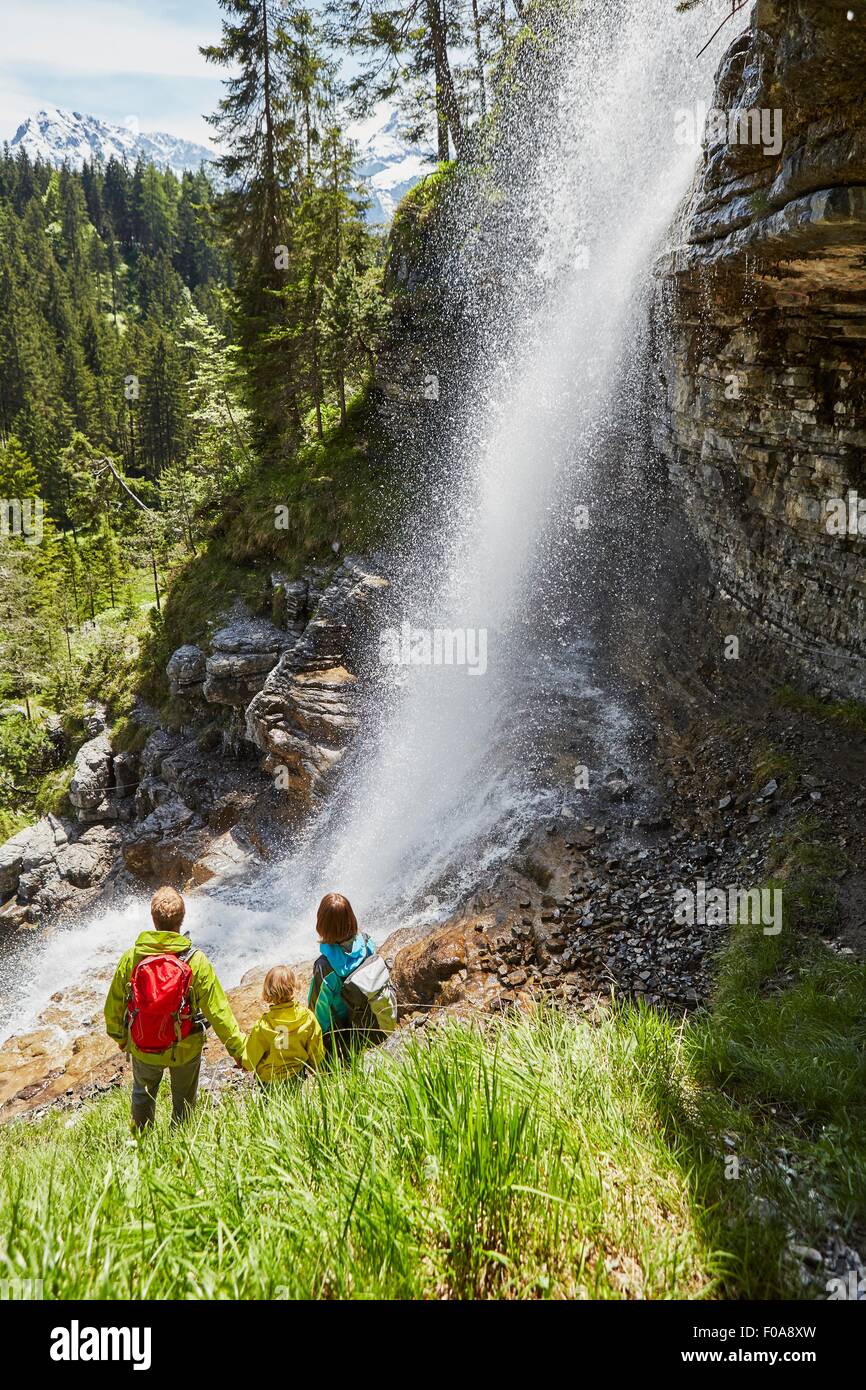 Junge Familie im Wald, stehend, beobachtete Wasserfall, Rückansicht Stockfoto