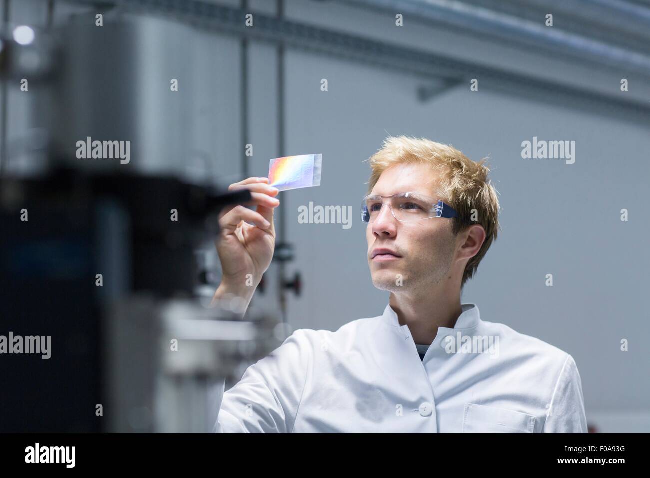 Männliche Wissenschaftler analysieren Objektträger im Labor Stockfoto