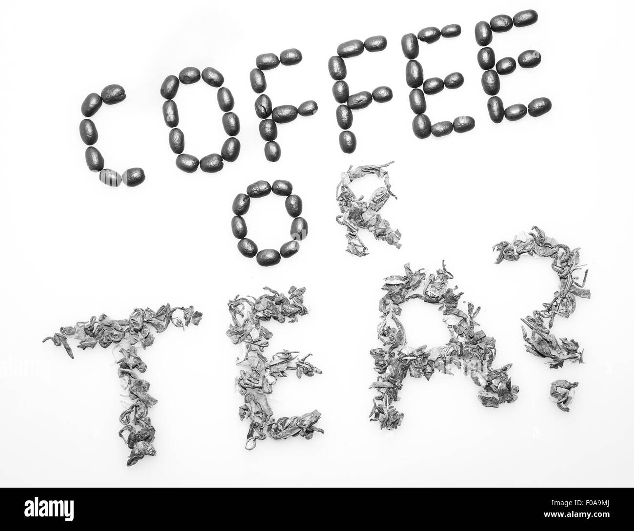 Kaffee oder Tee Worte auf einem weißen Hintergrund. Stockfoto