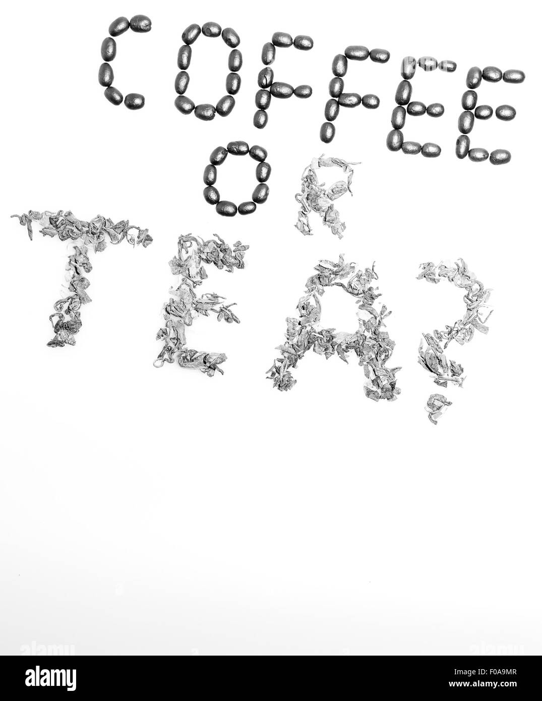 Kaffee oder Tee Worte auf einem weißen Hintergrund. Stockfoto