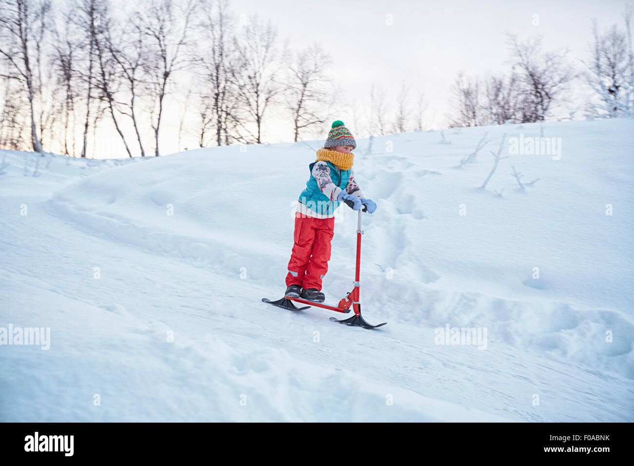 Junge auf Schnee-Scooter bewegen bergab, Hemavan, Schweden Stockfoto