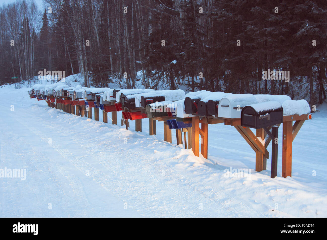 Zeile der Mail-Boxen im Schnee, Fairbanks, Alaska Stockfoto