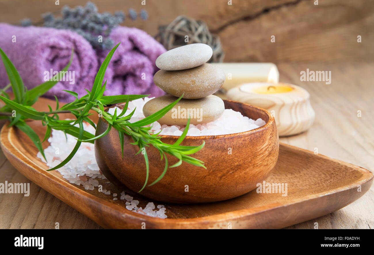 Spa-Stillleben-Einstellung mit Meersalz, Spa Steinen und grüne Pflanze Stockfoto