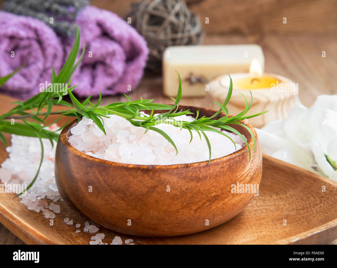 Spa-Stillleben-Einstellung mit Meer Salz und grüne Pflanze in einer Holzschale Stockfoto