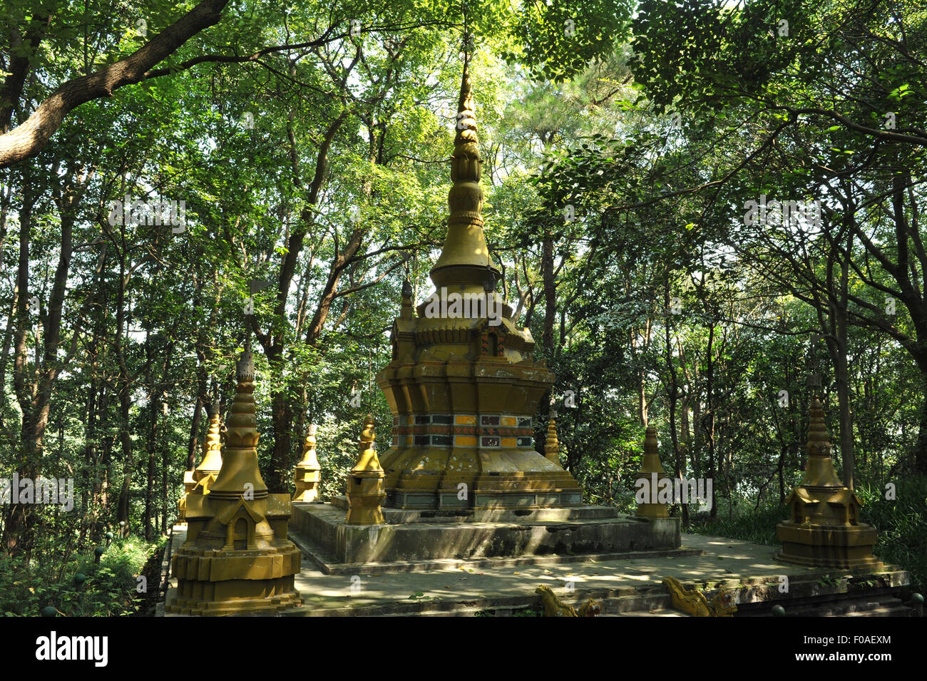 Pagode im Wald, im Schatten der Bäume, Hangzhou, China Stockfoto