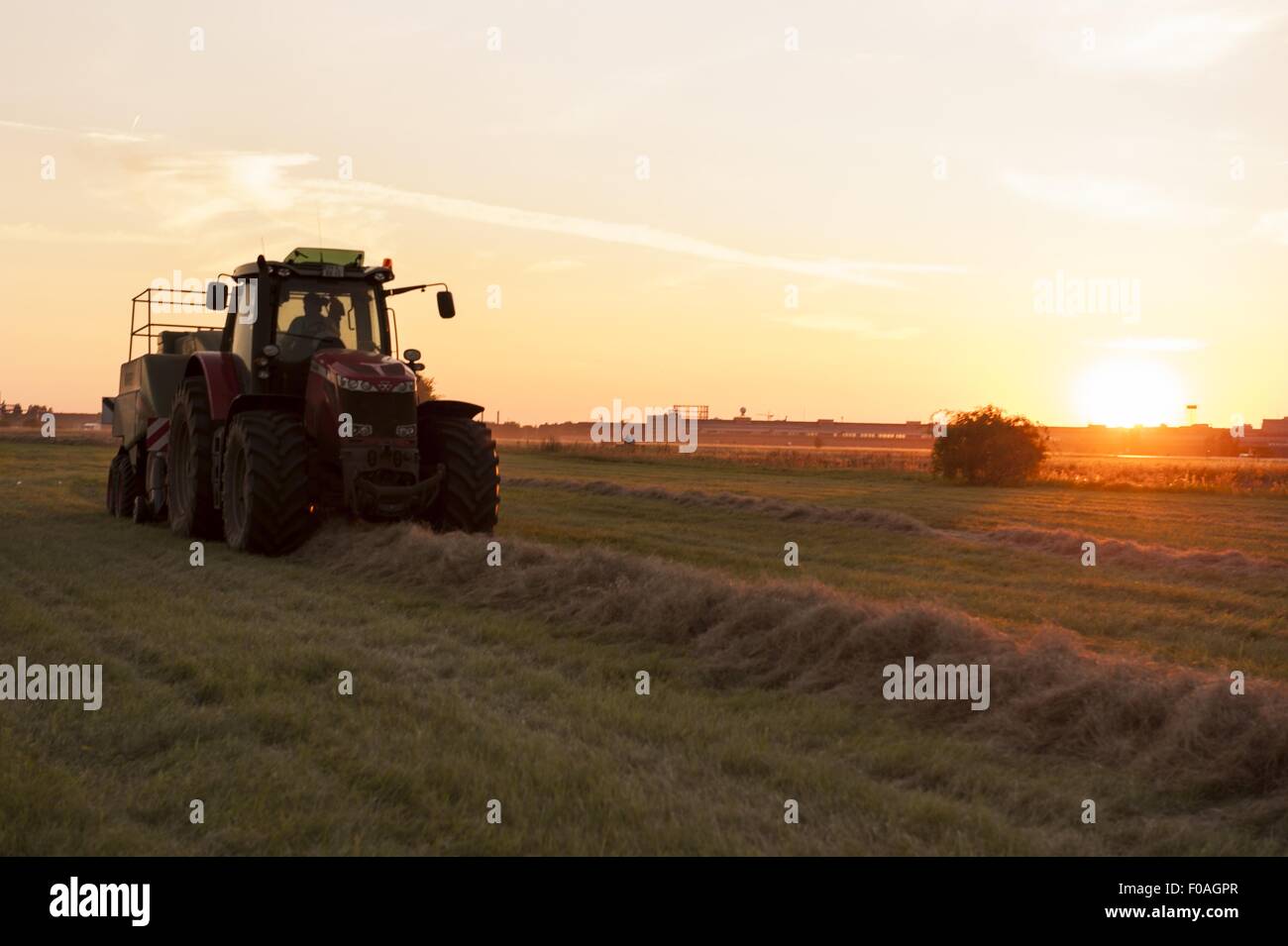 Traktor auf Tempelhofer Feld Garten bei Sonnenuntergang in Berlin, Deutschland Stockfoto