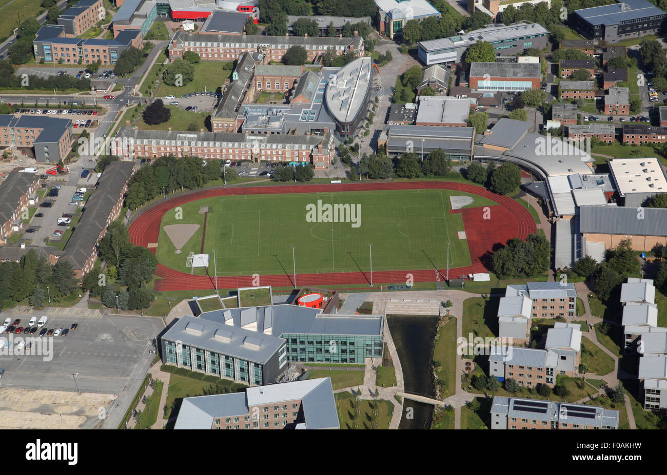 Luftbild von der Leichtathletik-Laufbahn an der Edge Hill University, in der Nähe von Ormskirk Lancashire, UK Stockfoto