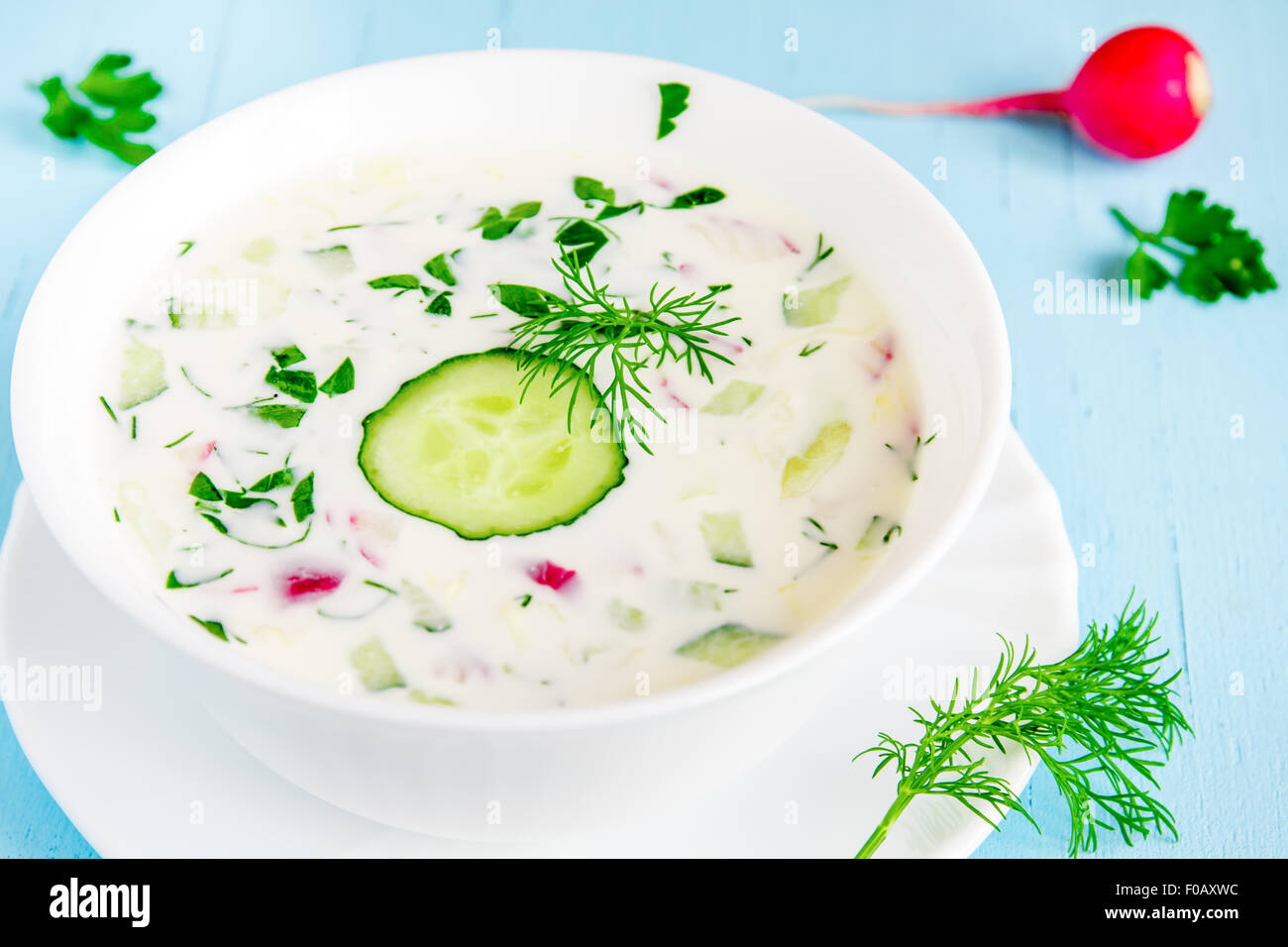 Kalter Sommer Suppe mit Joghurt und Gemüse und Kräuter hautnah Stockfoto