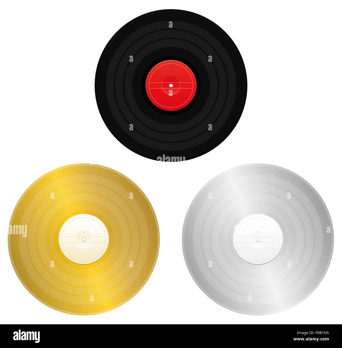 Records - schwarz, gold, Silber oder Platin Rekord für Award oder Zertifizierung. Abbildung auf weißem Hintergrund. Stockfoto