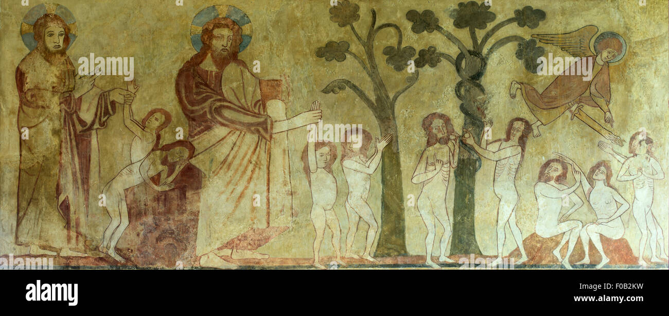 Die christliche Geschichte von Adam und Eva dargestellt in einer mittelalterlichen Wandmalerei in Easby Kirche, Richmond, North Yorkshire, England Stockfoto