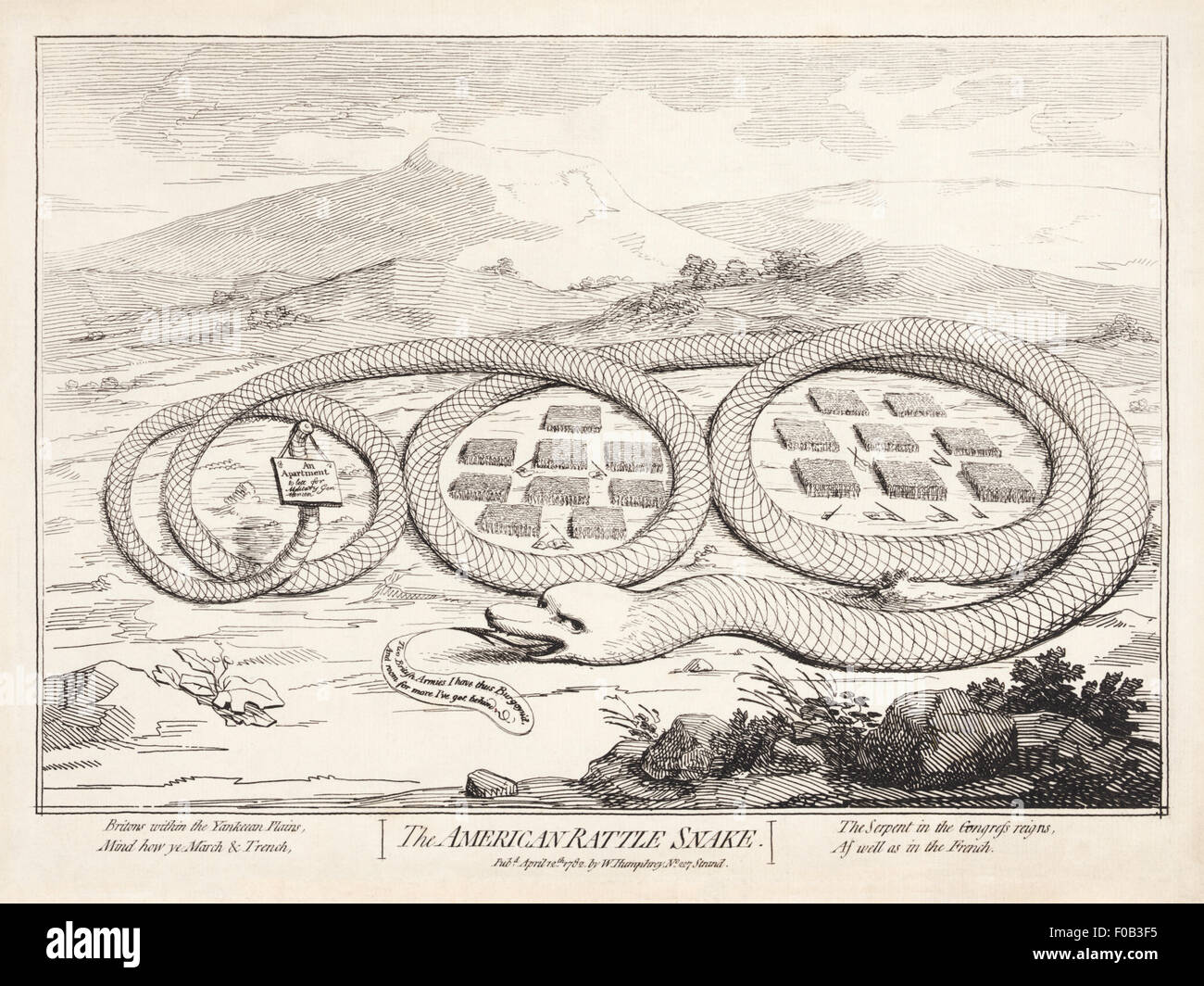 Die amerikanische Rattle-Schlange ist ein politischer Cartoon von James Gillray (1756–1815). Zeigt die amerikanische Kontinentalarmee in Form einer Rasselschlange mit britischen Truppen unter dem Kommando von Burgoyne und Cornwallis, die bei der Kapitulation Yorktown am 19. Oktober 1781 mit einer Ersatzspule für zukünftige Kriegsgefangene gefangen wurden. Unten links steht „Briten innerhalb der Yankeean Plains, denken Sie daran, wie Sie marschieren und Graben“. Veröffentlicht am 12. April 1782 von W.Humphrey No. 227 Strand London. Stockfoto Die amerikanische Rattle-Schlange ist ein politischer Cartoon von James Gillray (1756–1815). Zeigt die amerikanische Kontinentalarmee in Form einer Rasselschlange mit britischen Truppen unter dem Kommando von Burgoyne und Cornwallis, die bei der Kapitulation Yorktown am 19. Oktober 1781 mit einer Ersatzspule für zukünftige Kriegsgefangene gefangen wurden. Unten links steht „Briten innerhalb der Yankeean Plains, denken Sie daran, wie Sie marschieren und Graben“. Veröffentlicht am 12. April 1782 von W.Humphrey No. 227 Strand London. Stockfoto