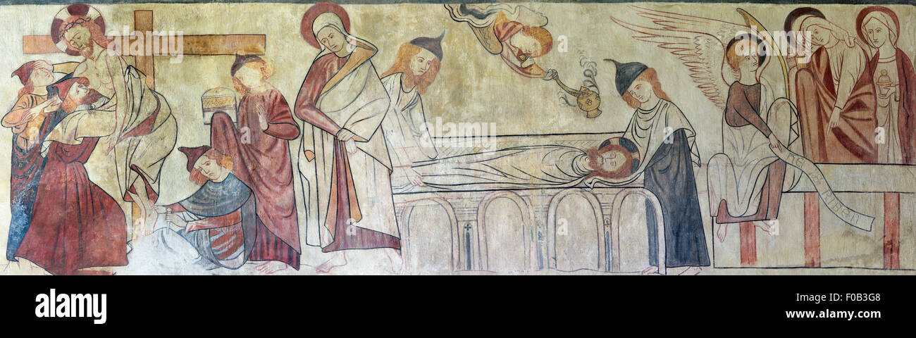 Die christliche Geschichte der Kreuzigung dargestellt in einer mittelalterlichen Wandmalerei, Easby Kirche, Richmond, North Yorkshire, England Stockfoto