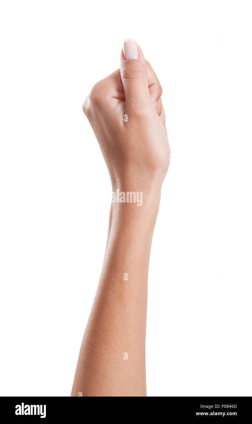 Zarte Frauenhand verlängert mit schönen gepflegten Fingernägeln von Daumen, Hintergrund weiß, isoliert Stockfoto