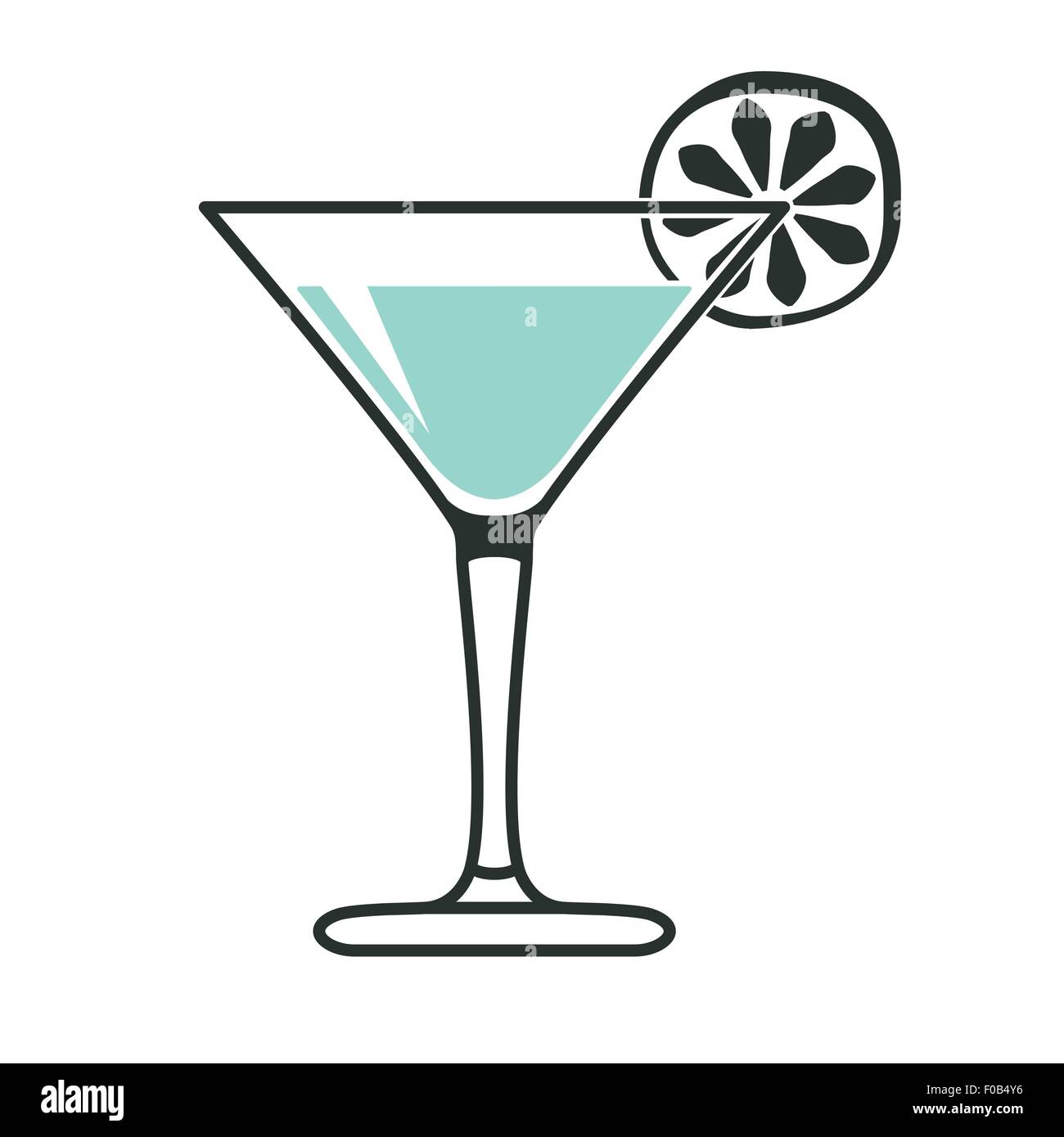 Cocktailglas mit Limettenscheibe in schwarz und blau-grün Stock Vektor