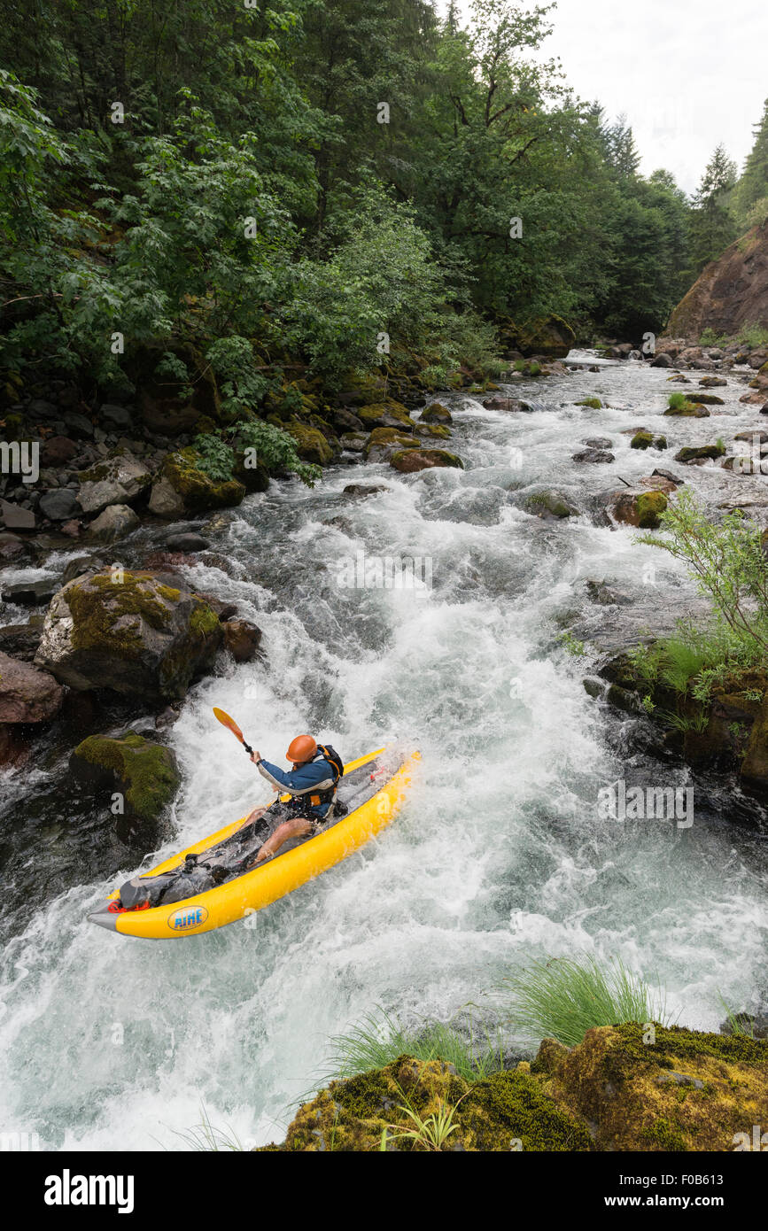 Paddeln ein aufblasbares Kajak auf der North Fork des Middle Fork Willamette River, Oregon. Stockfoto