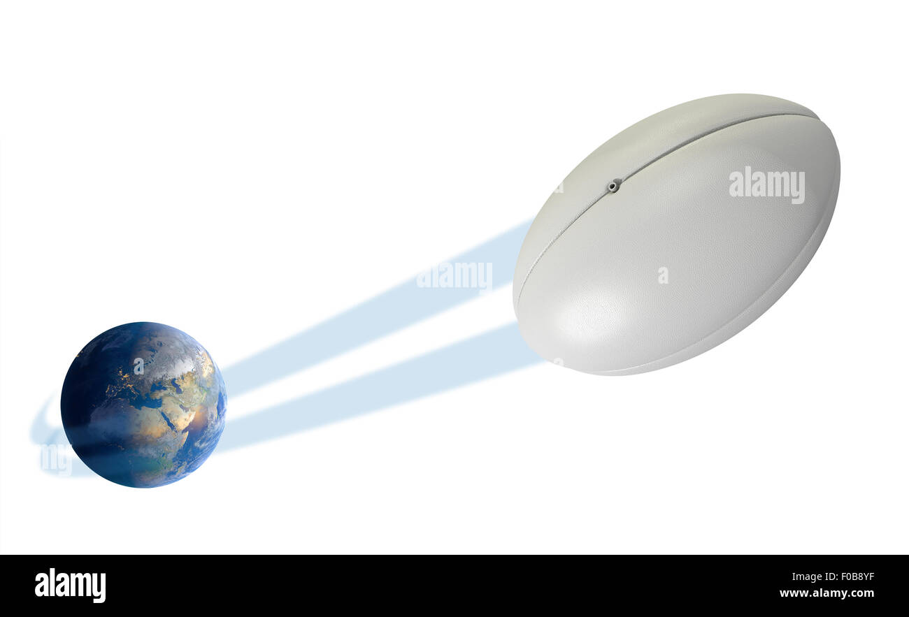 Ein sportliches Konzept zeigt eine regelmäßige Rugby Ball Rauschen heraus und über der Erde auf einem isolierten weißen Studio-Hintergrund Stockfoto
