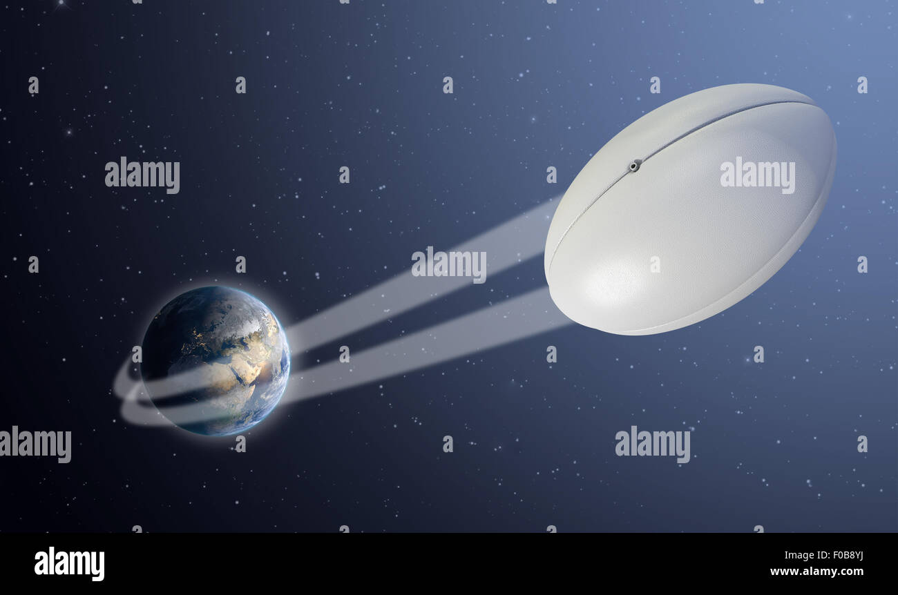 Ein sportliches Konzept zeigt eine regelmäßige Rugby Ball Rauschen heraus und über der Erde auf einen Sternenhimmel Weltraum-Hintergrund Stockfoto