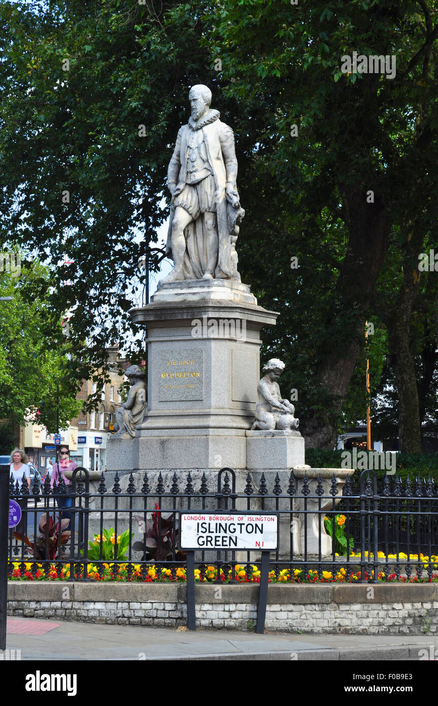 Statue von Sir Hugh Myddelton von John Thomas, Islington Green, London, England, UK Stockfoto