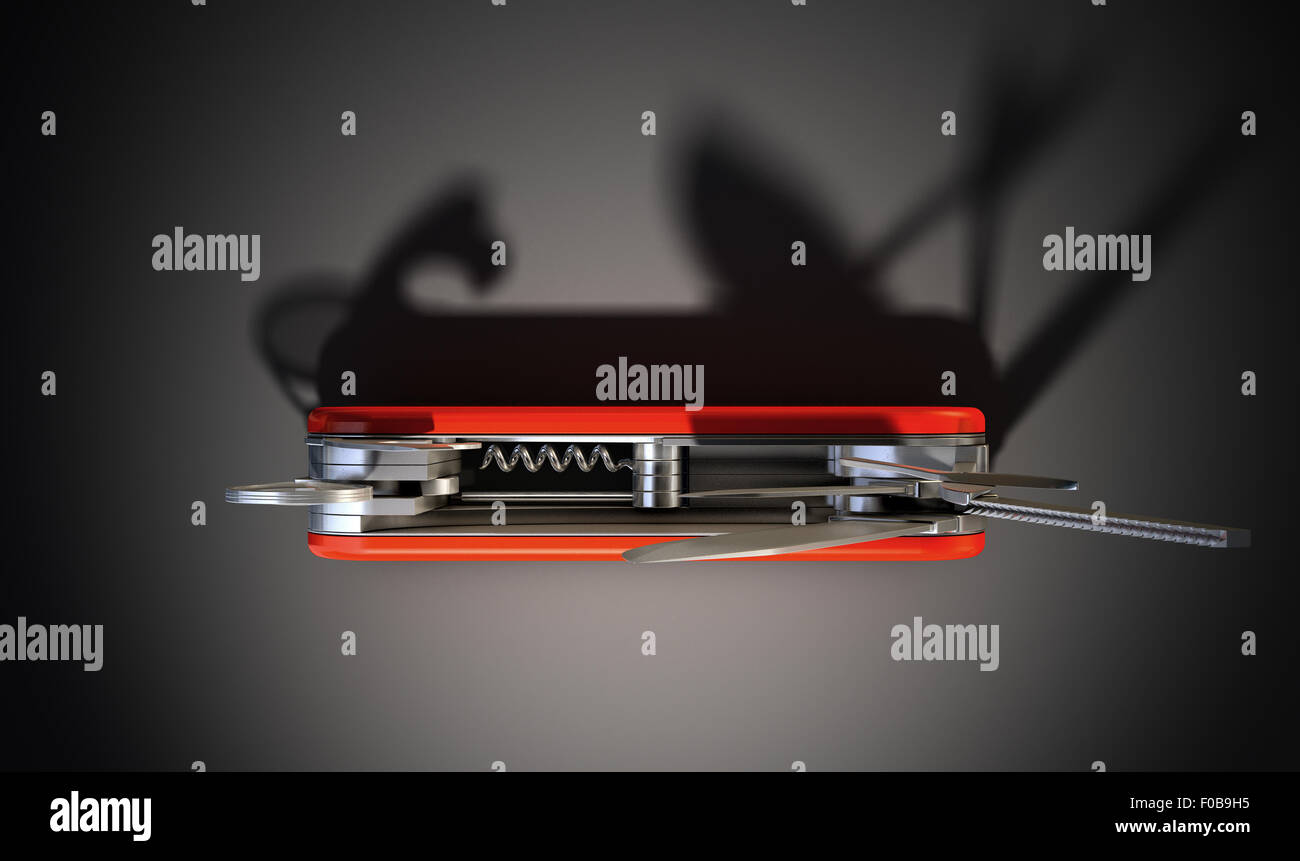 Eine Nahaufnahme von einem Mehrzweck Taschenmesser mit einer Klinge und Säge auf einer isolierten Studio-Hintergrund Stockfoto