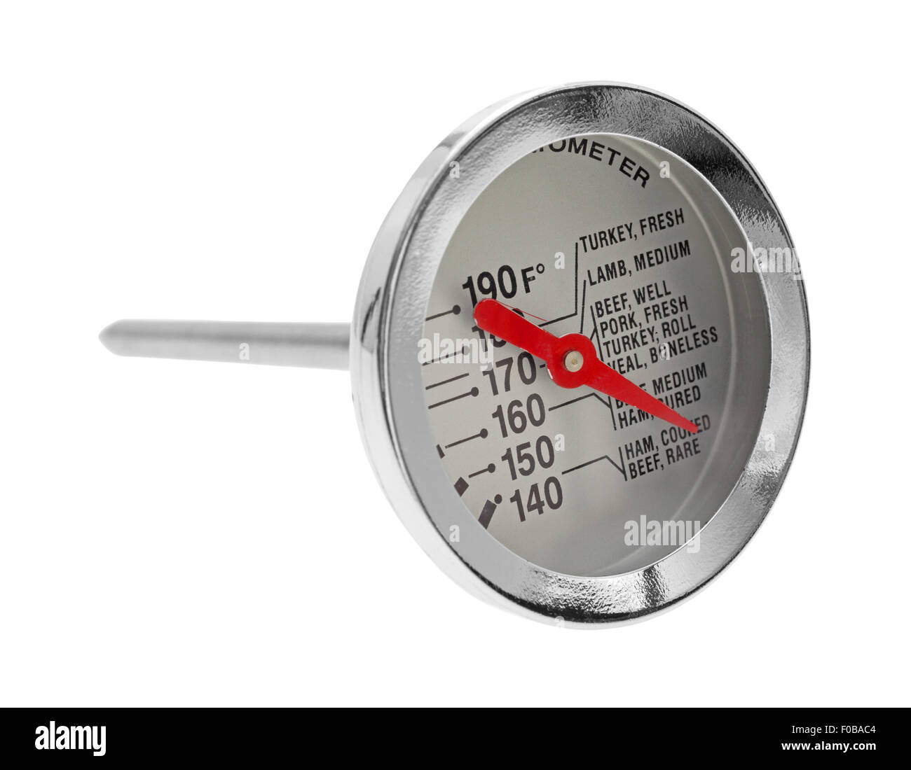 Eine neue generische Fleisch-Thermometer zeigt Temperaturen und Kochanleitung isoliert auf einem weißen Hintergrund. Stockfoto