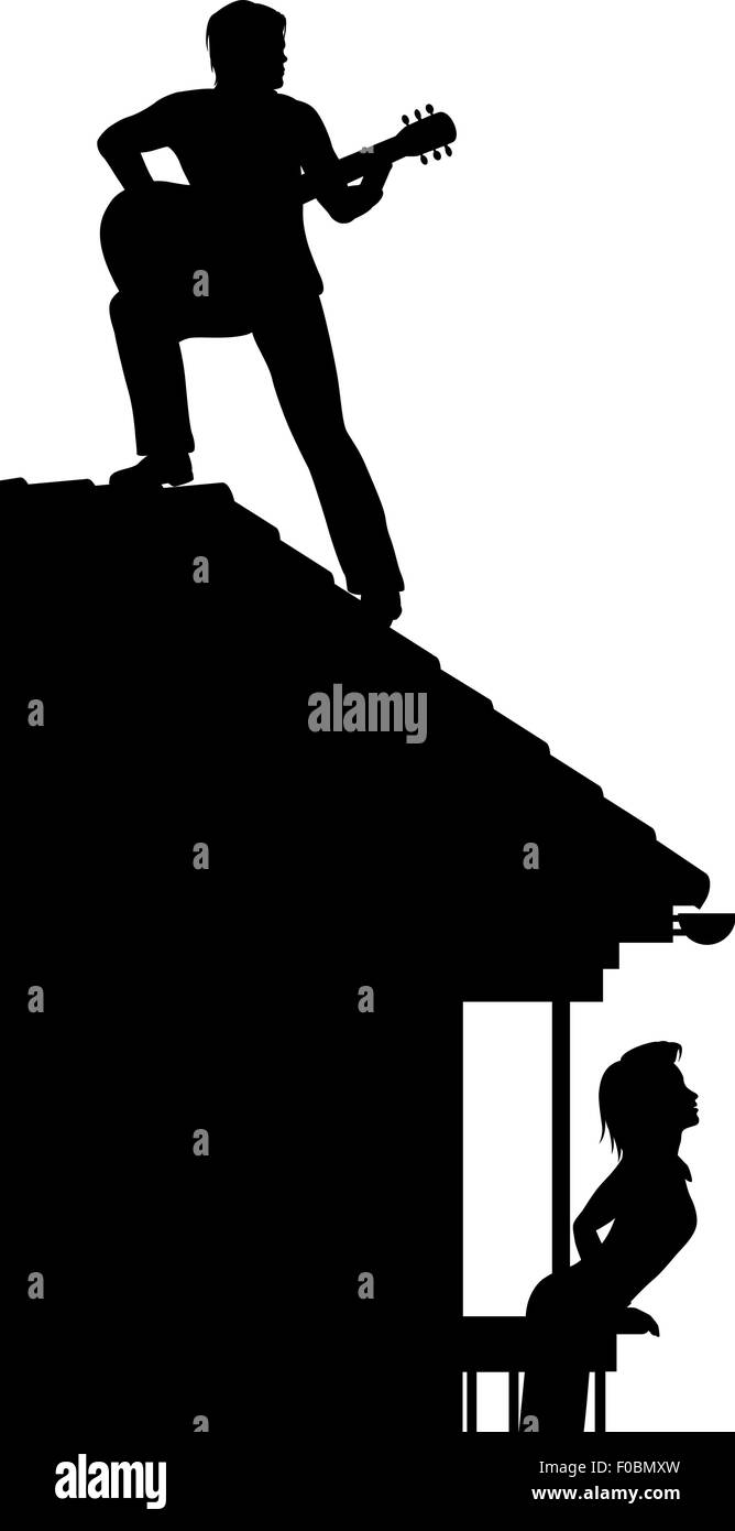 EPS8 bearbeitbares Vektor Silhouette eines Mannes, eine Frau von Gitarre auf einem Dach mit Figuren als separate Objekte Ständchen Stock Vektor