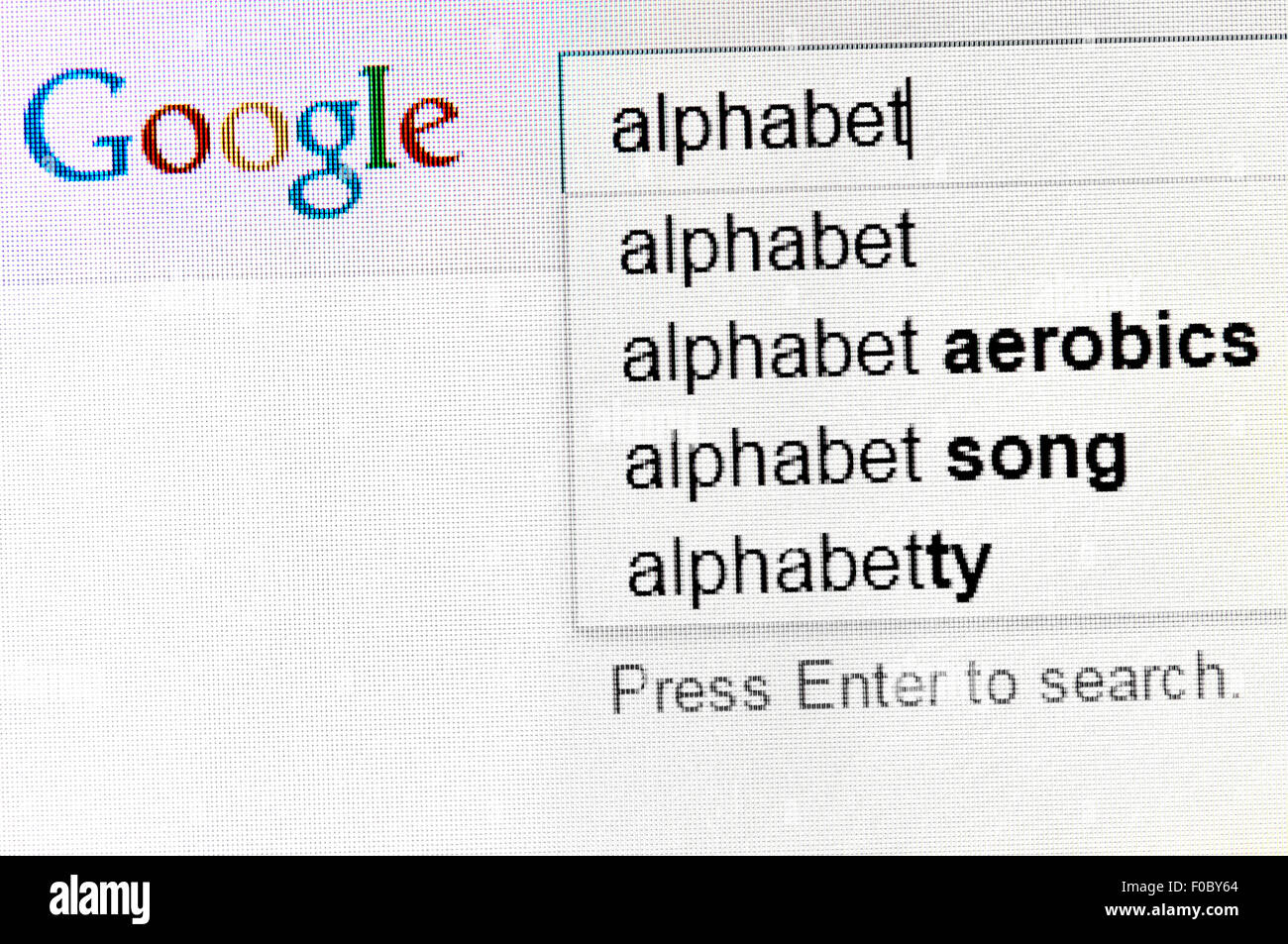 Google-Suche für "Alphabet" - der Name der neuen Muttergesellschaft. Screenshot Stockfoto