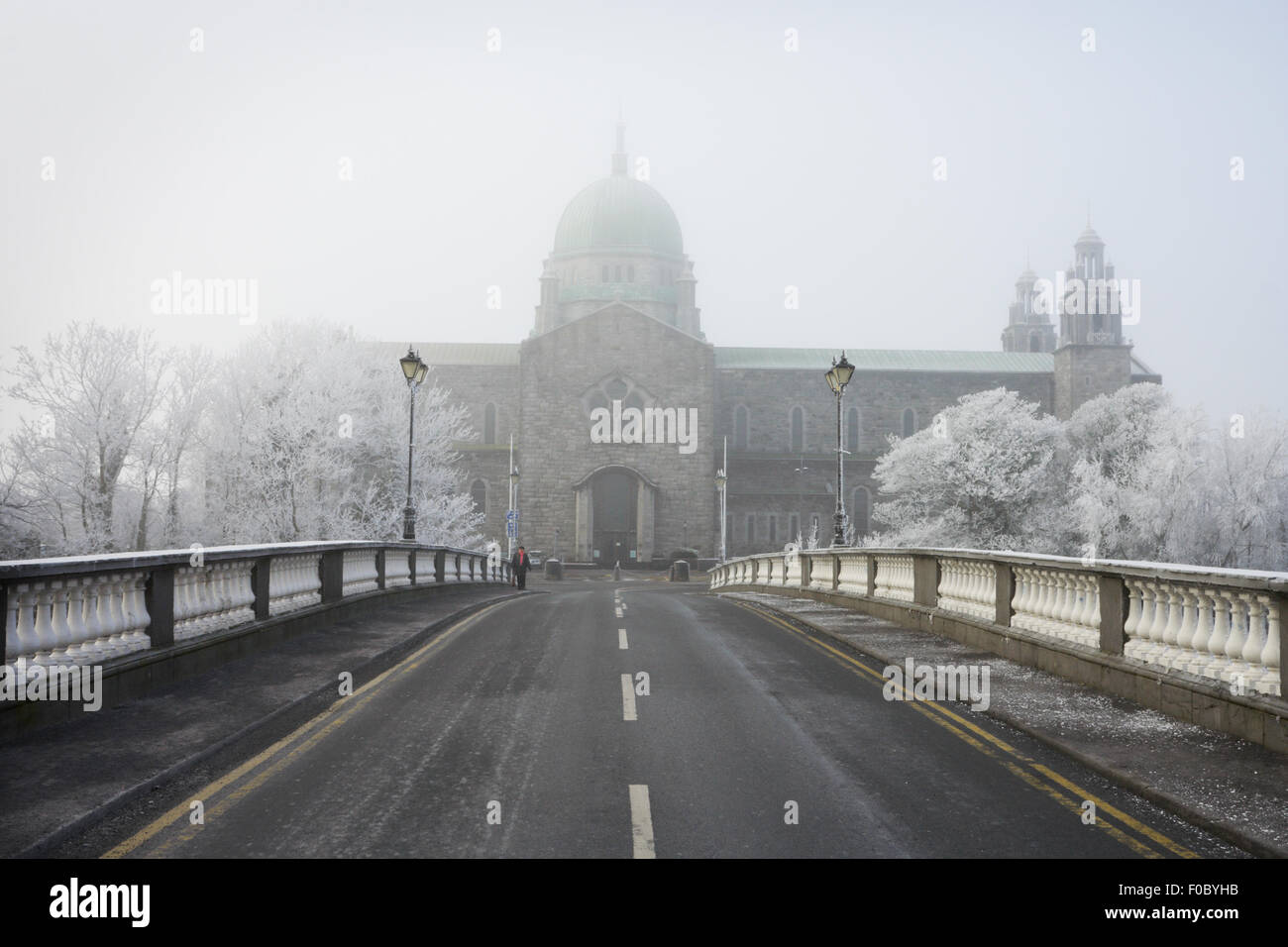 Kathedrale von Galway und gefrorenen Bäumen im Winternebel verschwinden Stockfoto