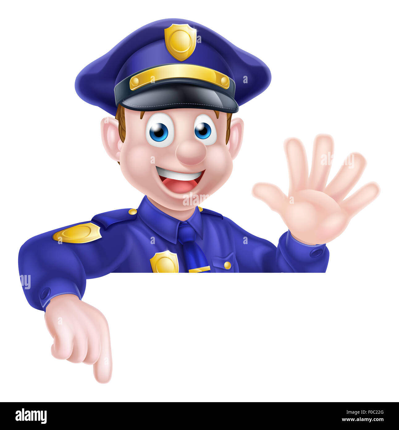Ein Cartoon freundliche Polizist beugte sich über ein Zeichen winken und darauf zeigen Stockfoto