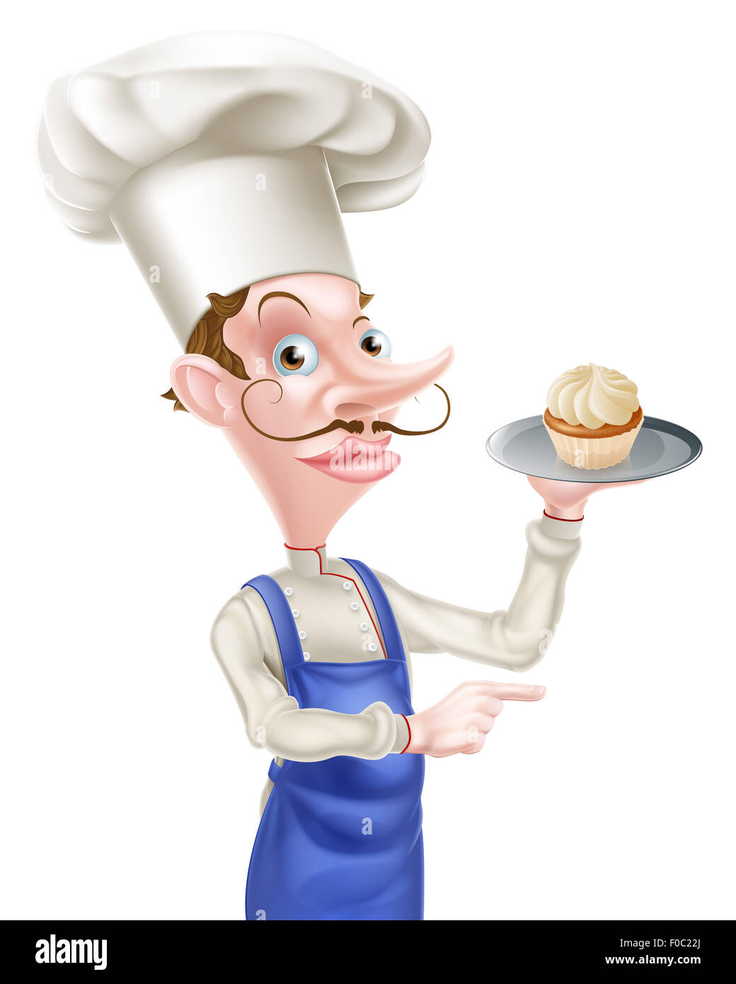 Eine Abbildung von einem Cartoon Koch oder Bäcker ein Tablett mit einem Cupcake festhalten und zeigen Stockfoto