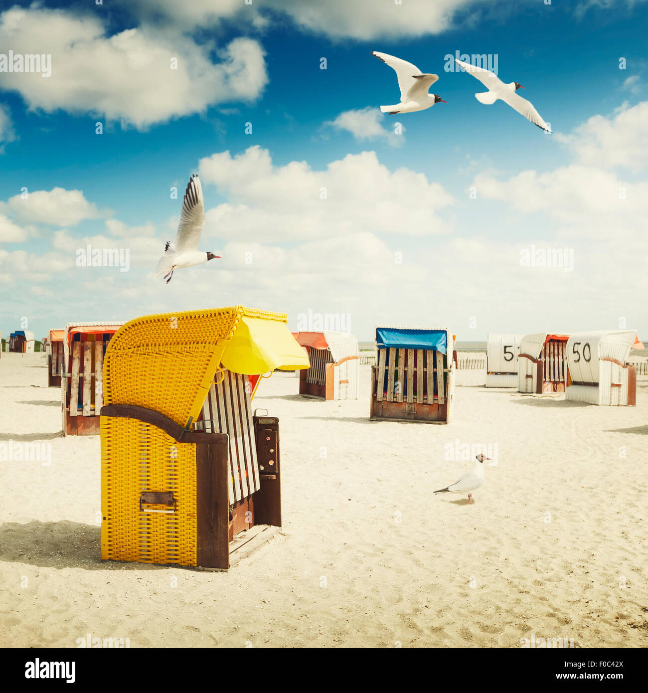 Mit Kapuze Stühle am Sandstrand. Möwen fliegen in blauen Wolkenhimmel. Urlaub-Hintergrund. Nordseeküste, Reiseziel. Ton Stockfoto