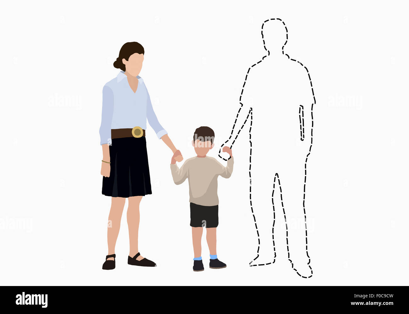 Anschauliches Bild von Familie Hand in Hand der vermissten Vater auf weißem Hintergrund Stockfoto