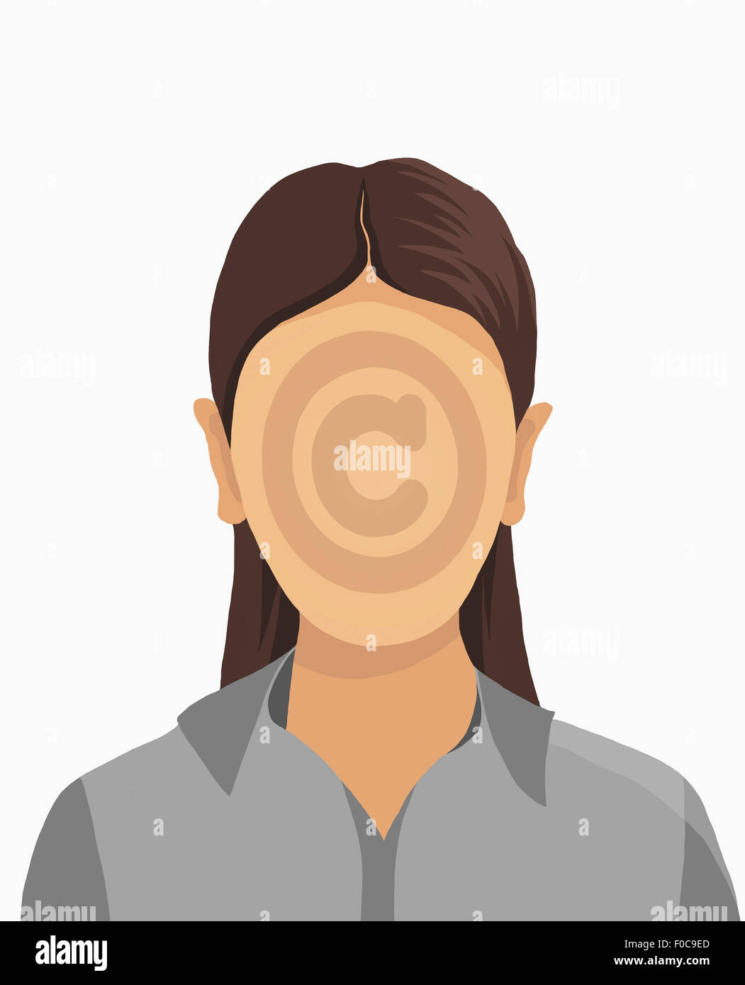 Anschauliches Bild der Geschäftsfrau mit copyright-Symbol auf Gesicht vor weißem Hintergrund Stockfoto