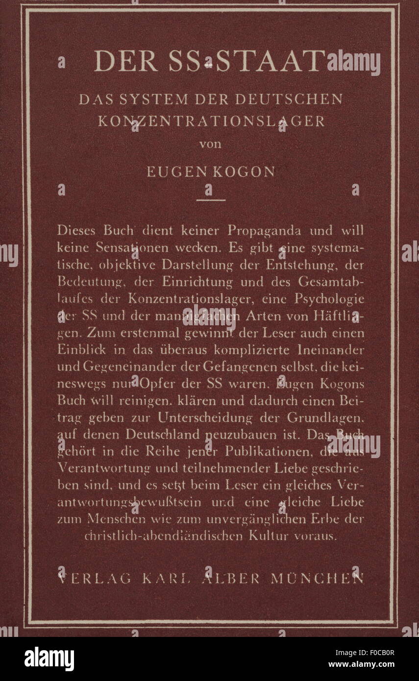 Kogon, Eugens, 2.2.1903 - 24.12 1987, deutscher Politikwissenschaftler, Werke, 'Der SS-Staat - das System der deutschen Konzentrationsslager' (Der SS-Staat: Das System der deutschen Konzentrationslager), Cover, München, 1946, Stockfoto